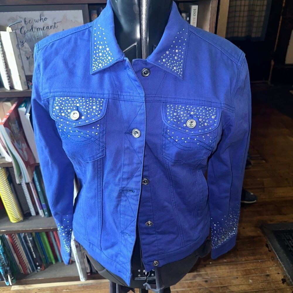 Ethyl rhinestone western cropped colorful M denim jacket